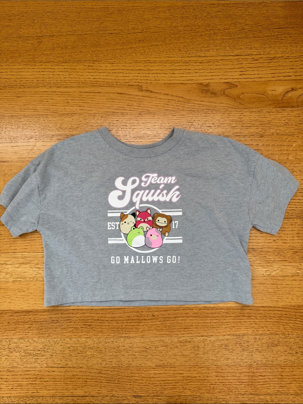 GAP Gray 'Team Squish' Graphic Crop Tee with Colorful Marshmallow Characters